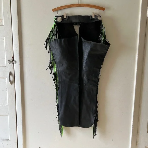 Black Leather Chaps with Green Fringe and Rhinestone Embellishments - Picture 9 of 16